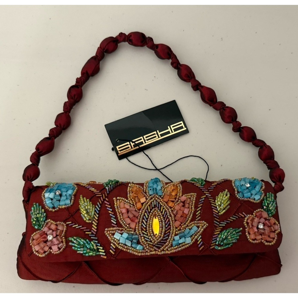 Beautiful Sasha New York Satin Clutch  Floral Embroidered W/woven Satin Handle - Picture 3 of 8